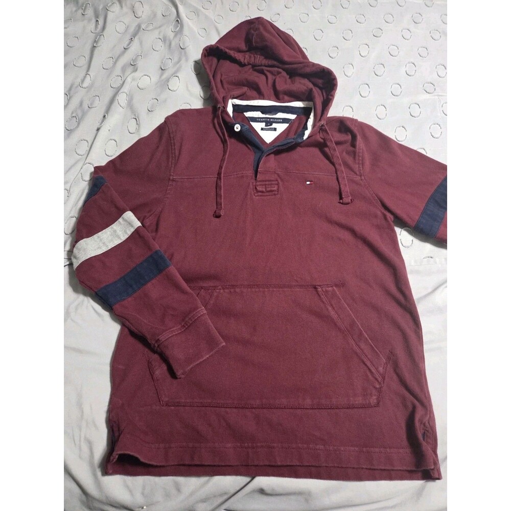 Tommy Hilfiger Hoodie M Medium Maroon Burgundy Sleeve Stripe Pullover